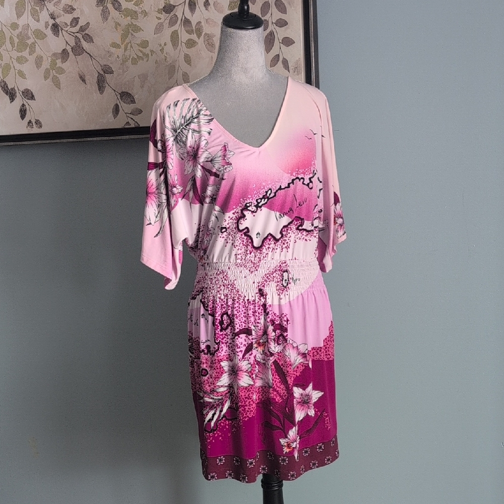 WHBM Pink Floral Tropical Smocked Dress Small